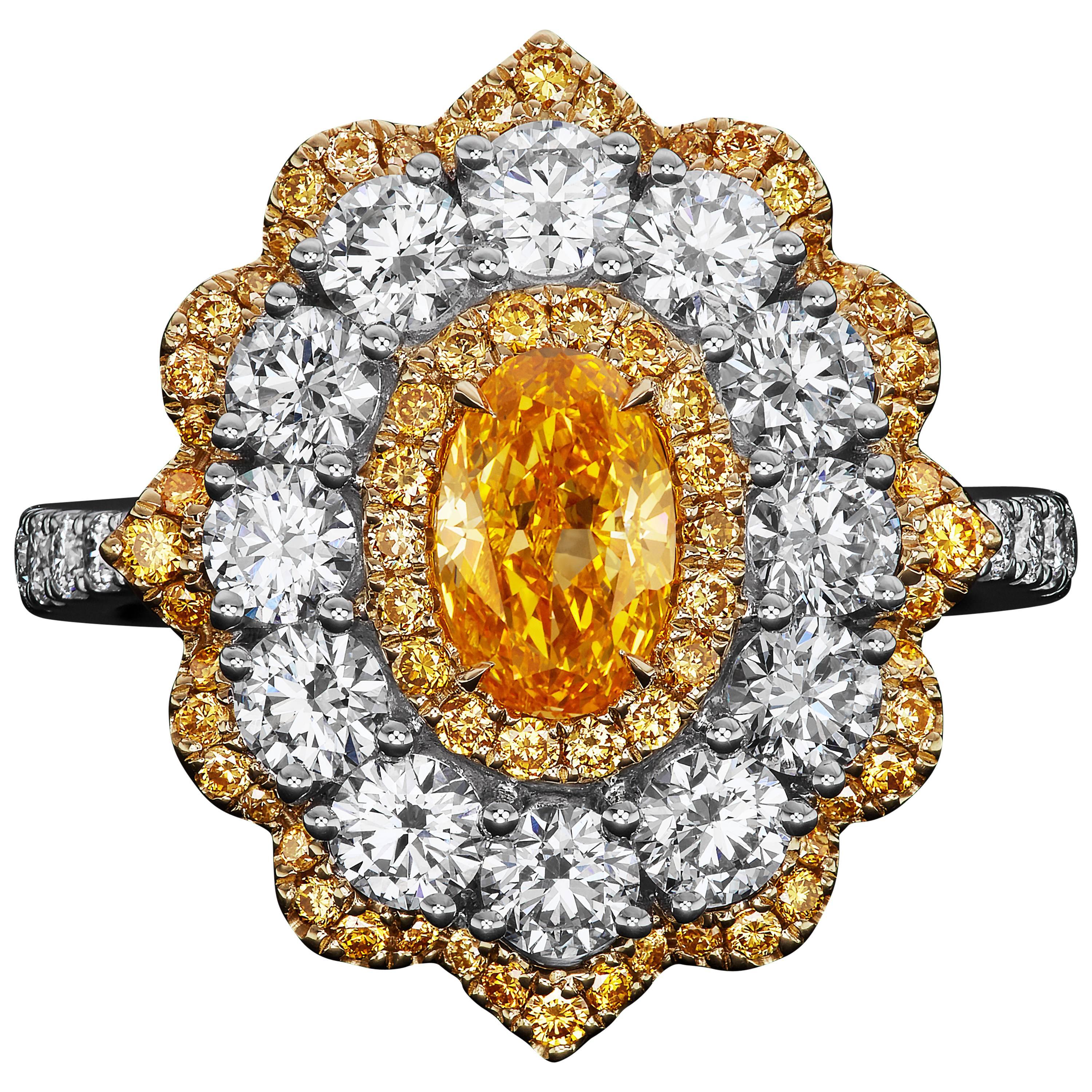 David Rosenberg .78 Oval GIA Fancy Intense Yellow Orange Flower Diamond Ring
