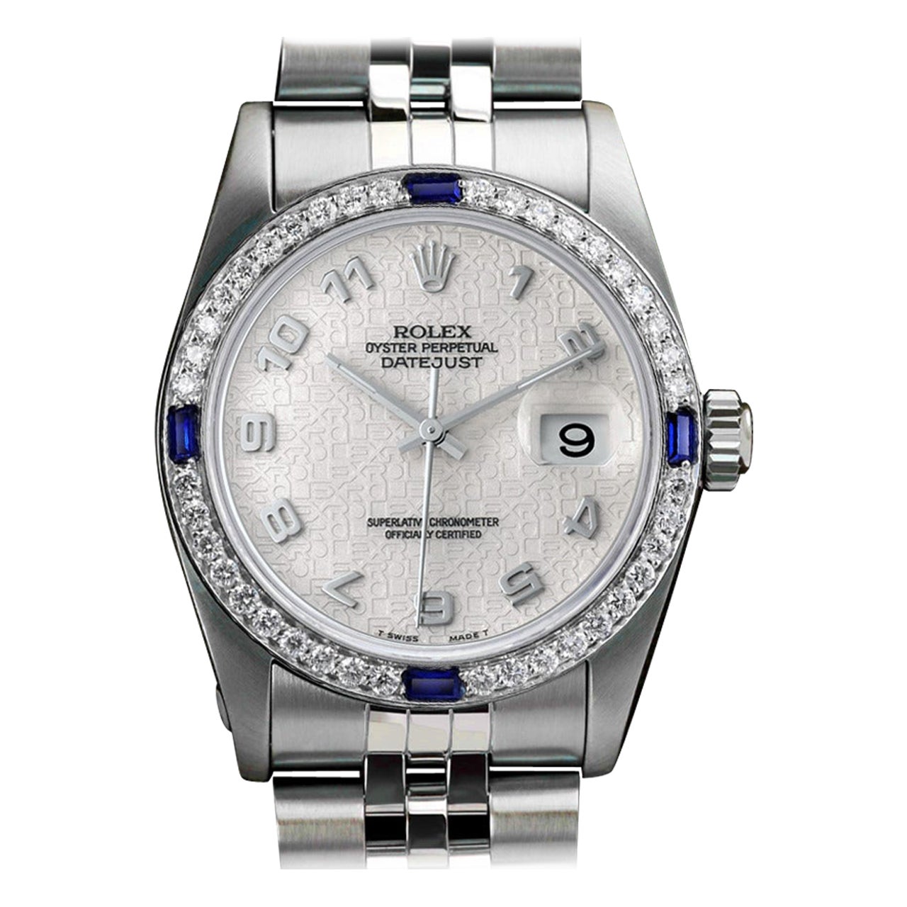 Rolex Datejust 68274 Ivory Arabic Dial with Diamond & Sapphire Bezel SS Watch For Sale