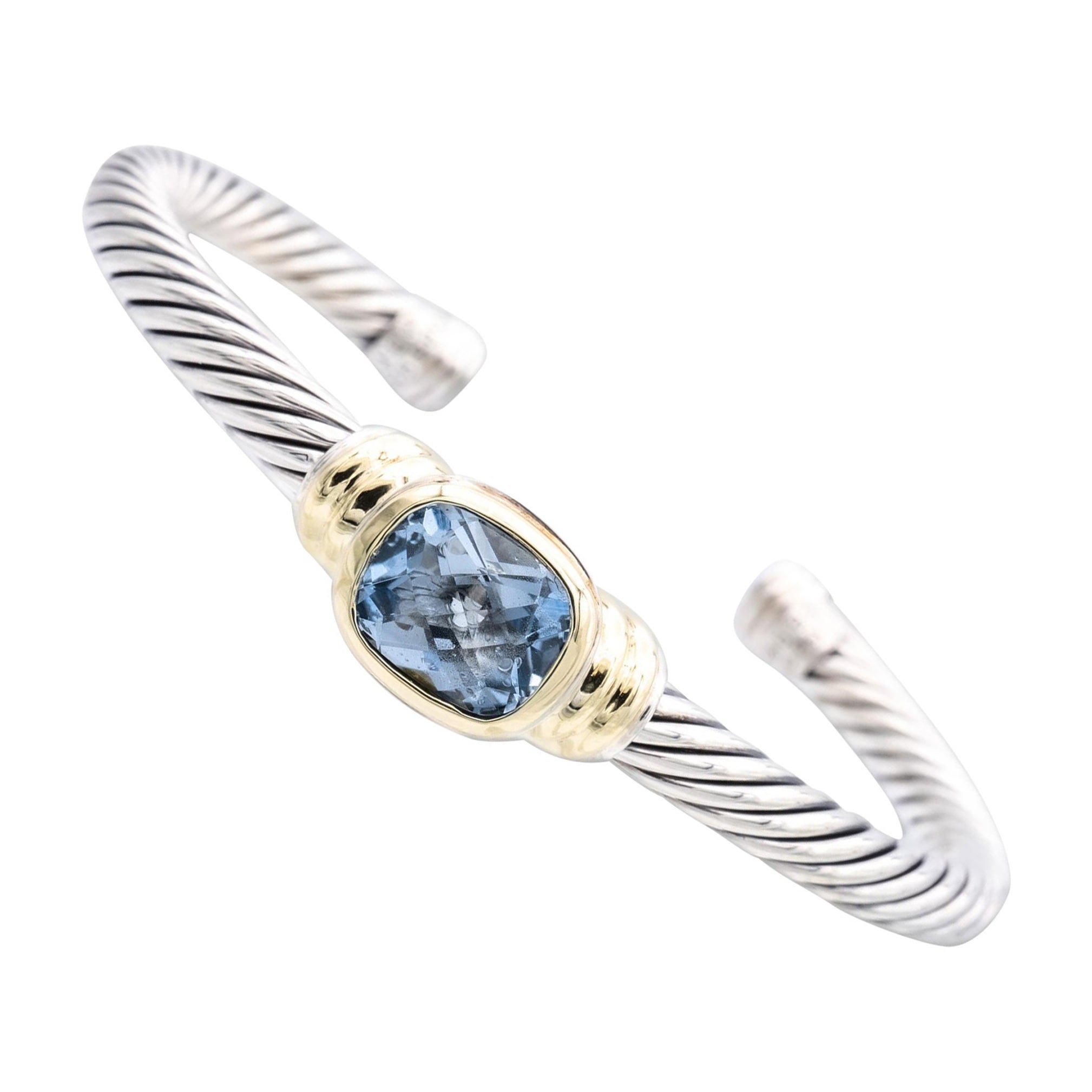 David Yurman Silver Noblesse 14k Gold Silver Cable Blue Topaz Open Cuff Bracelet For Sale
