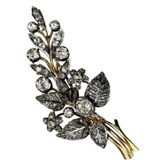 Antique 19ème Siècle Diamant taille ancienne Fleur Foliate Spray Broche Argent Or