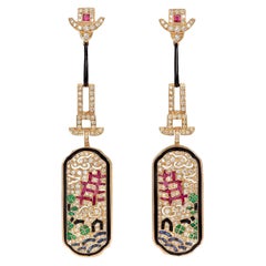 Diamond, Ruby, Emerald and Blue Sapphire Art Deco Style Earring