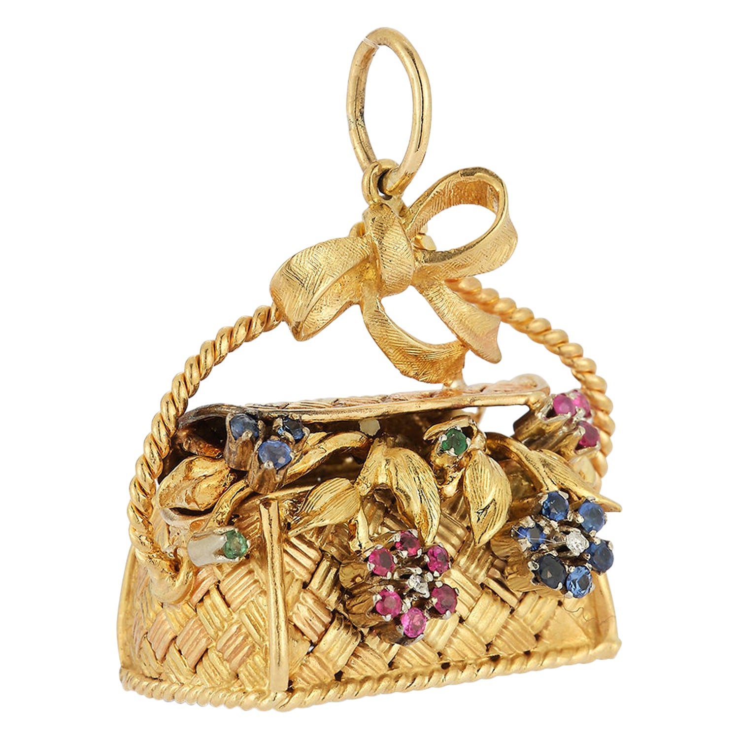 Colgante de oro de 18 quilates con zafiro, diamante y esmeralda en forma de cesta de flores