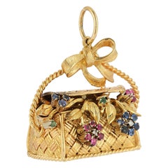 18k Gold Sapphire, Diamond and Emerald Flower Basket Charm Pendant