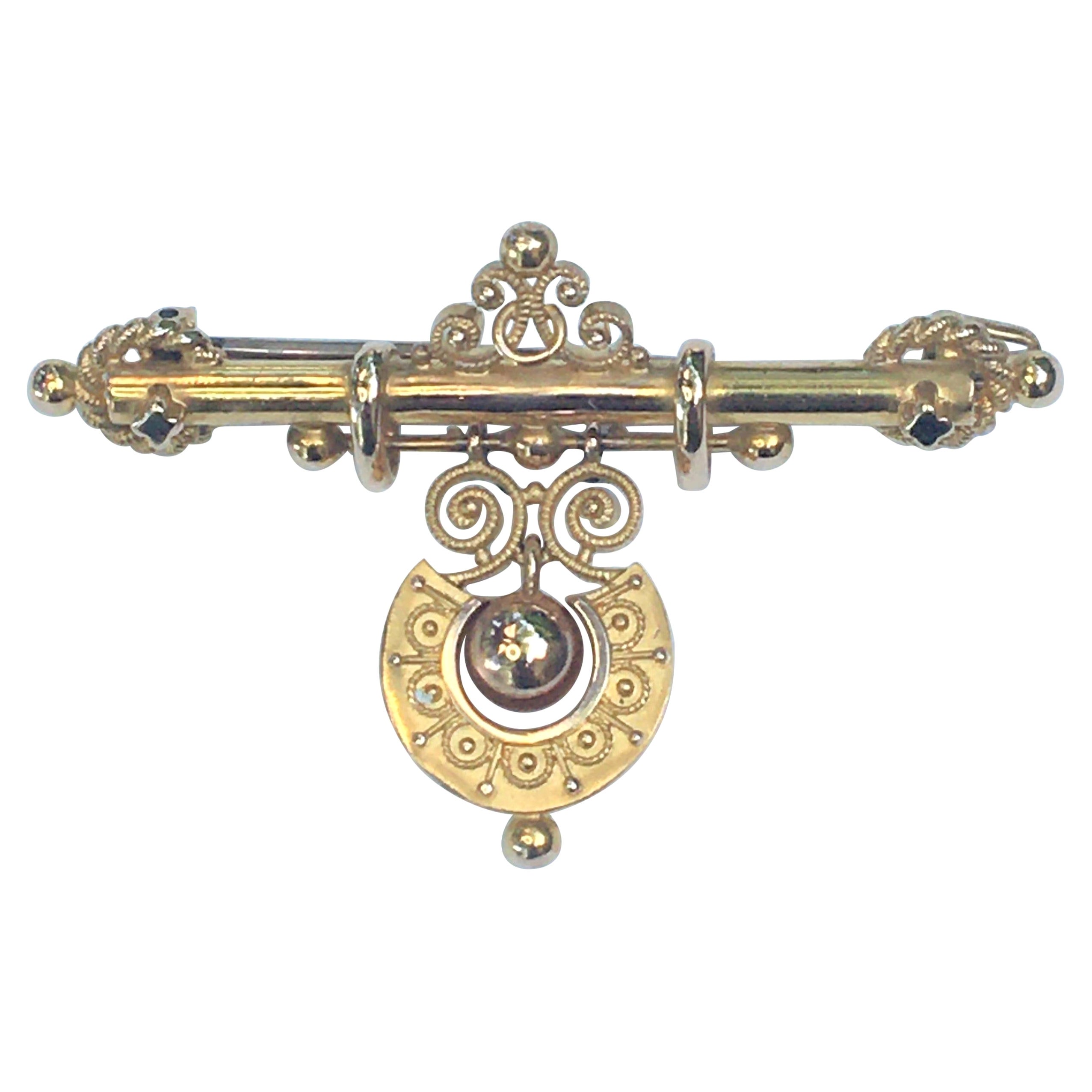 14 Karat Vintage Bar Brooch with Dangle For Sale