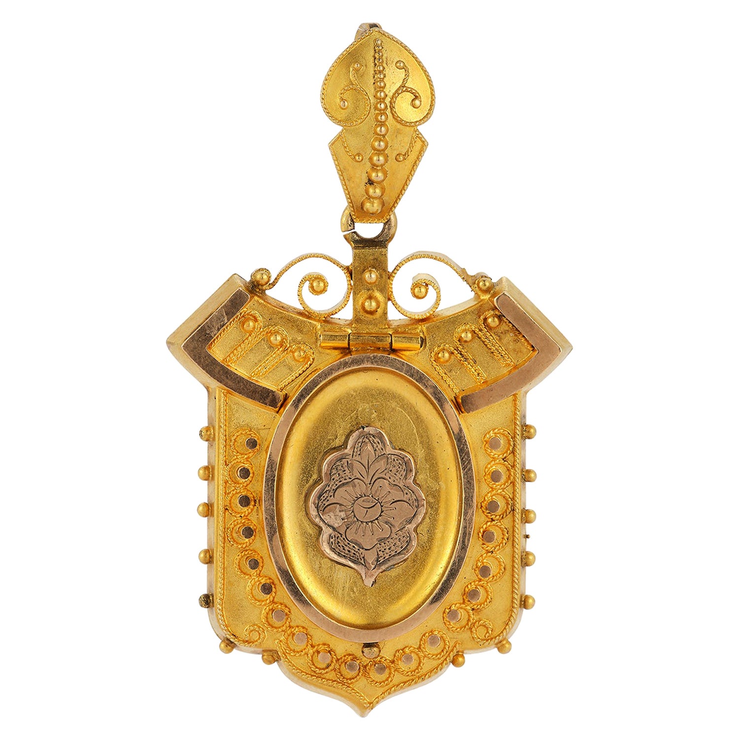 Großes viktorianisches etruskisches Revival-Medaillon aus 15k Gold
