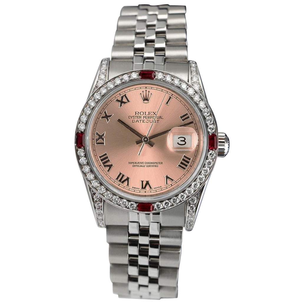 Rolex Datejust 68274 Lachsfarbene Uhr mit römischem Zifferblatt mit Diamanten und Rubinen