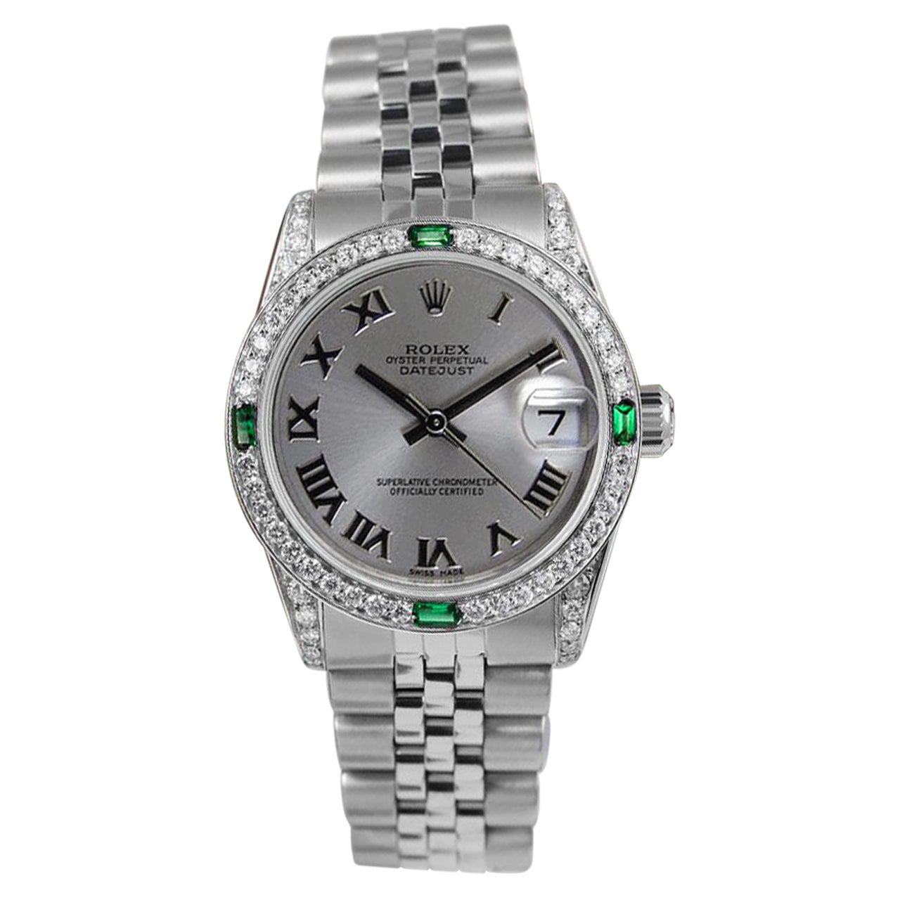 Rolex Datejust Silver Roman Dial with Emeralds & Diamond Bezel + Lugs Watch For Sale