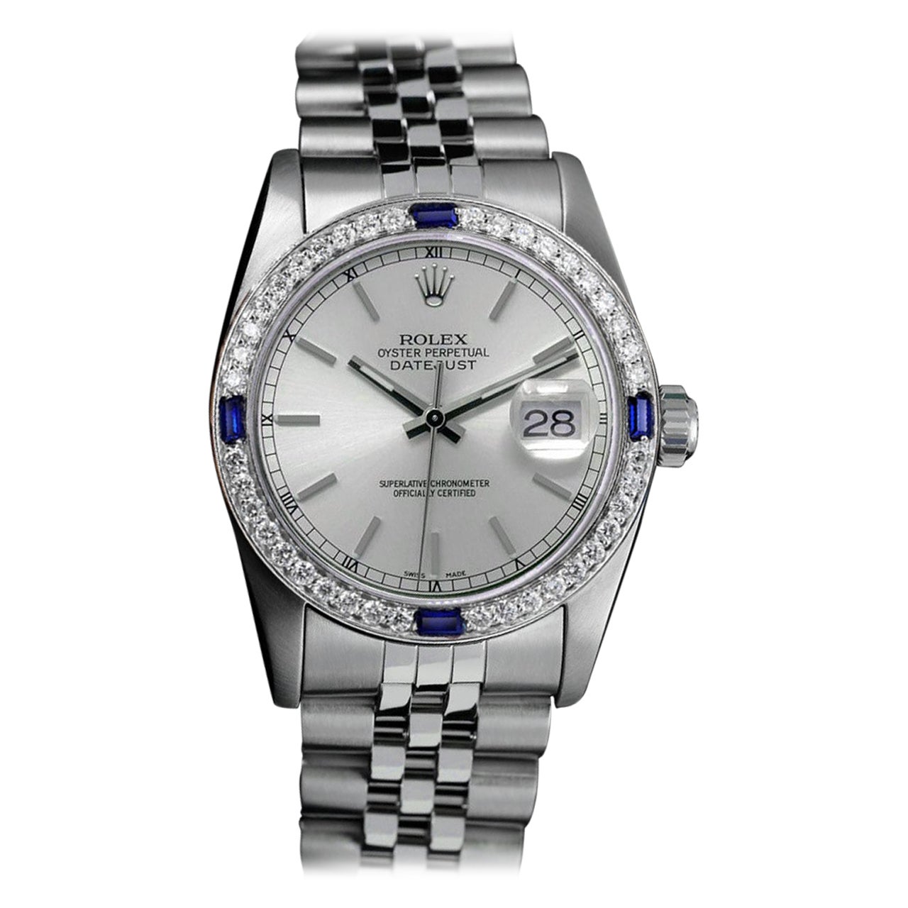 Rolex Montre Datejust 68274 à cadran bâton en argent avec lunette en diamants et saphirs bleus