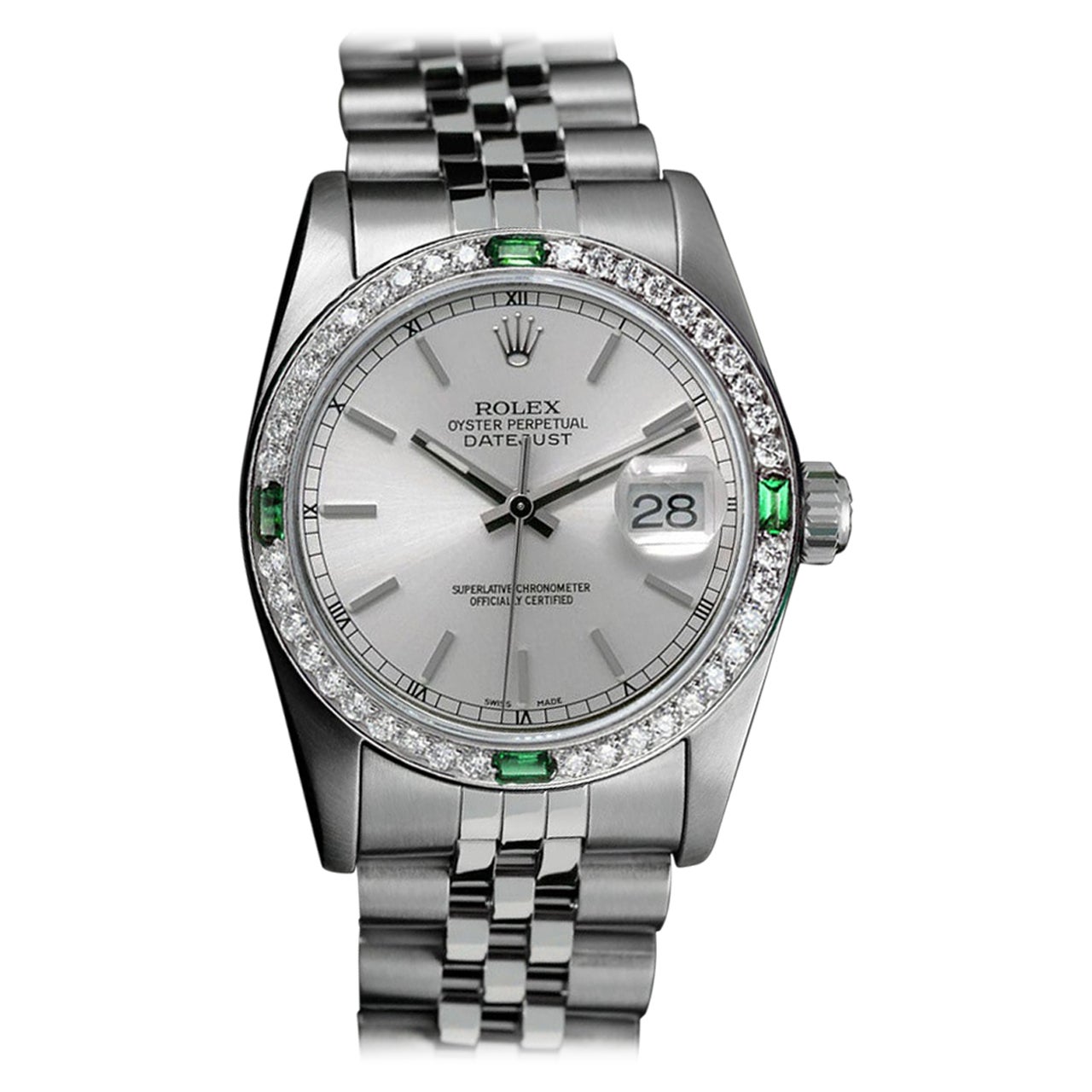 Rolex Datejust 68274 Silver Stick Dial with Diamond & Emerald Bezel Steel Watch For Sale