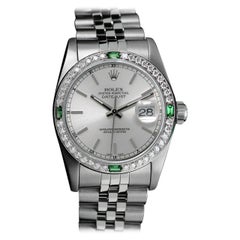 Vintage Rolex Datejust 68274 Silver Stick Dial with Diamond & Emerald Bezel Steel Watch