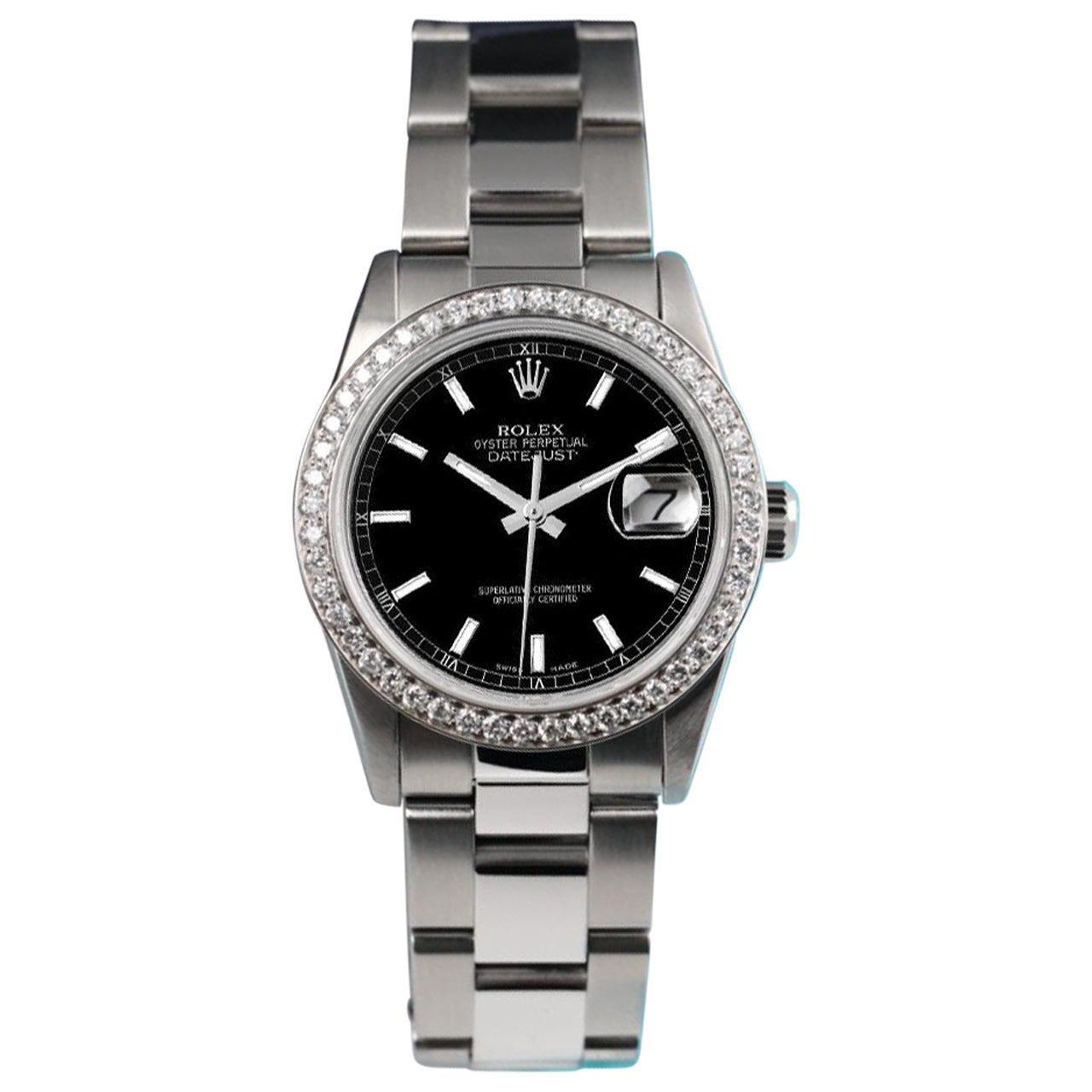 Rolex Montre Datejust 68274 SS Oyster Bracelet avec lunette en diamant et cadran en forme de bâton noir