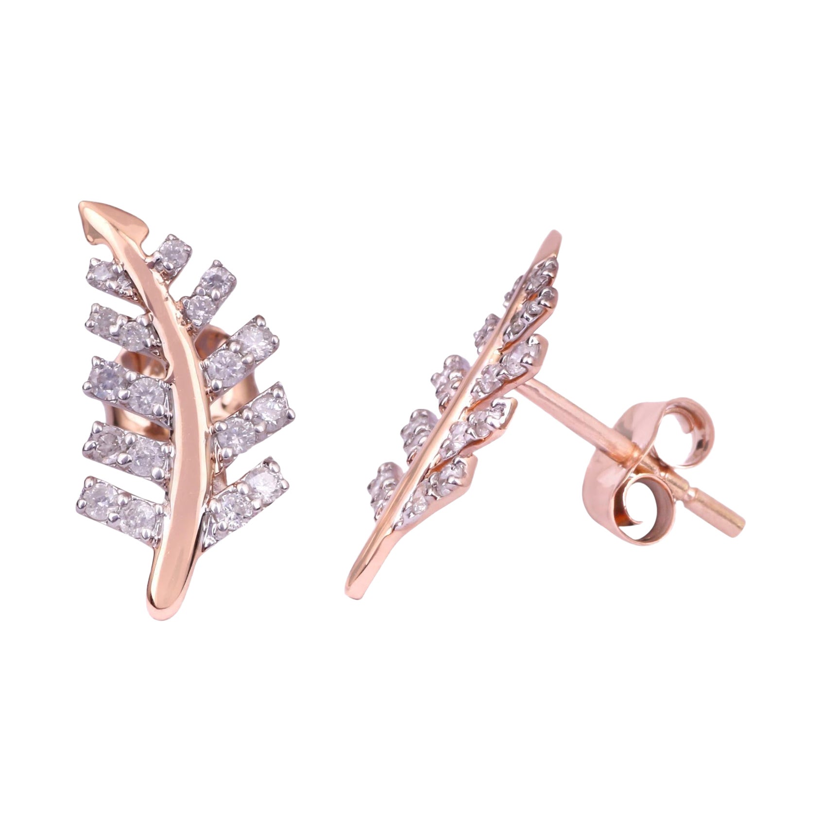 IGI Certified 0.239 Carat Clear Diamond 14K Rose Gold Leaf Tinny Stud Earrings For Sale