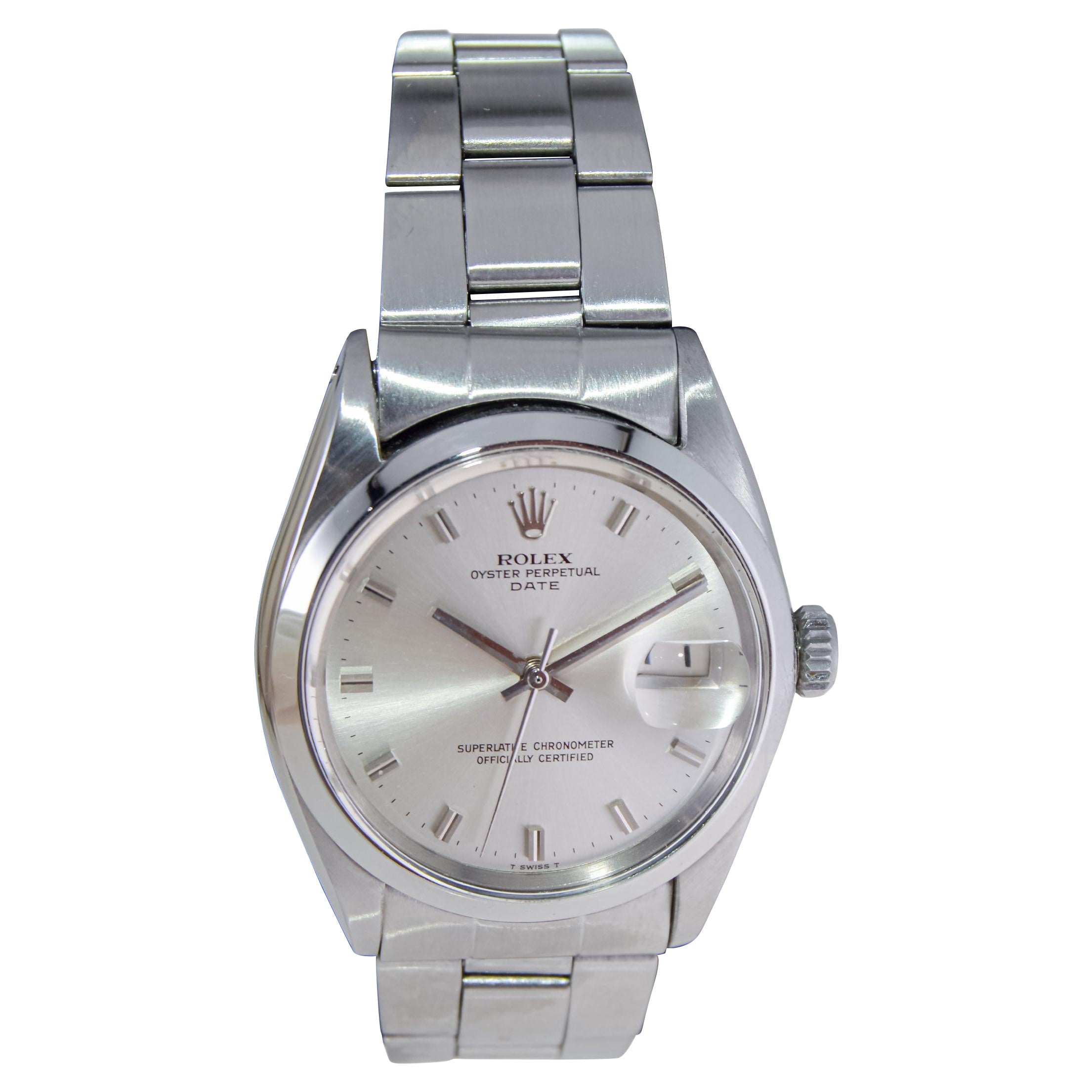 Rolex Montre Oyster Perpetual Date en acier avec cadran argenté d'origine d'usine, années 1960 en vente