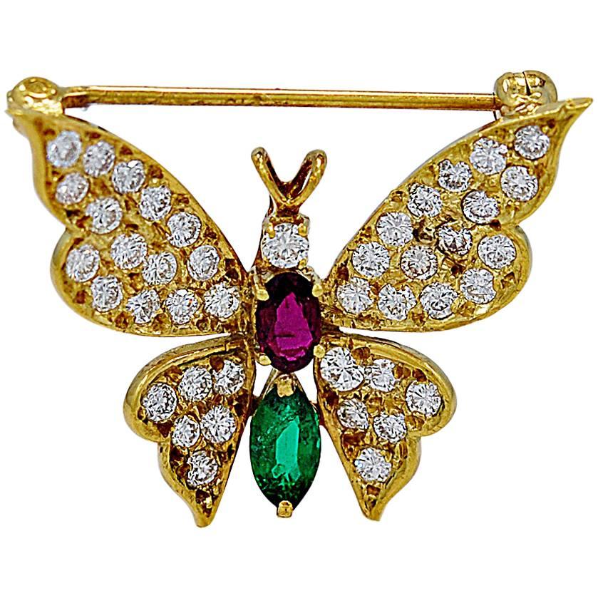 1.00 Carat Ruby Emerald Diamond Gold Butterfly Brooch