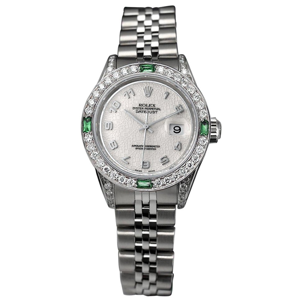 Rolex Datejust Off White Arabic Dial 69174 Emerald & Diamond Bezel + Lugs For Sale