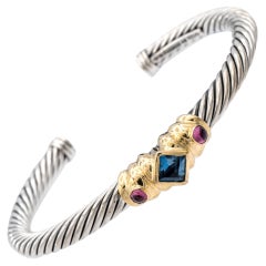 David Yurman Silver 14K Gold Renaissance Single Row Cuff Cable Bracelet X-Large