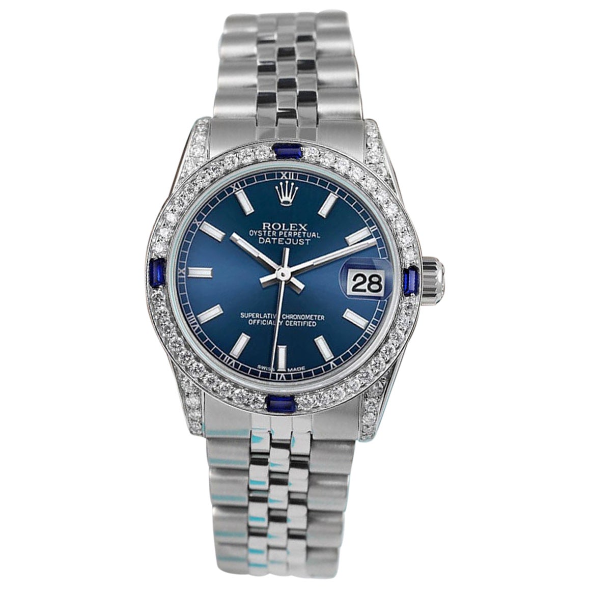 Rolex Datejust Blue Stick Dial Bezel with Sapphires and Diamond Lugs 68274 For Sale