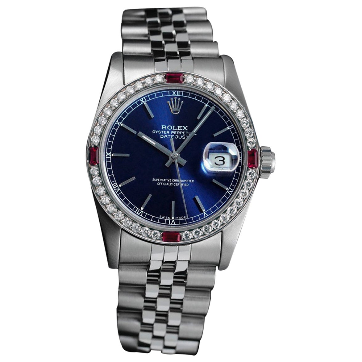 Rolex Montre Datejust 31mm à cadran bâton bleu avec lunette en rubis et diamants pour femmes 68274 en vente