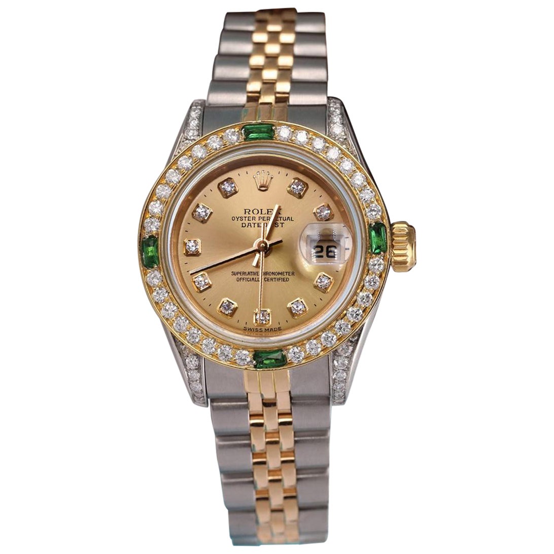 Rolex  Datejust Champagne Diamond Dial Bezel with Emeralds and Diamond Lugs For Sale