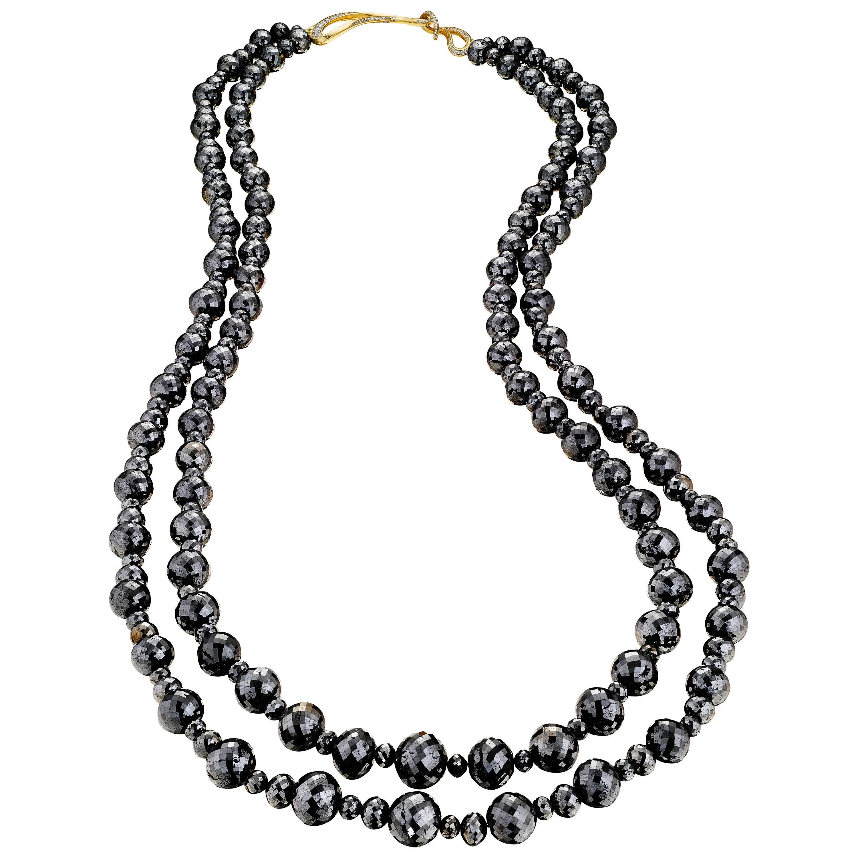 Naomi Sarna Black Diamond Double Strand Necklace with Diamond Gold Clasp
