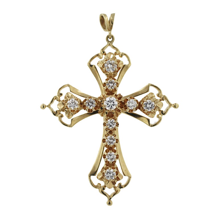 Diamond, 14K Yellow Gold Cross Pendant For Sale at 1stDibs