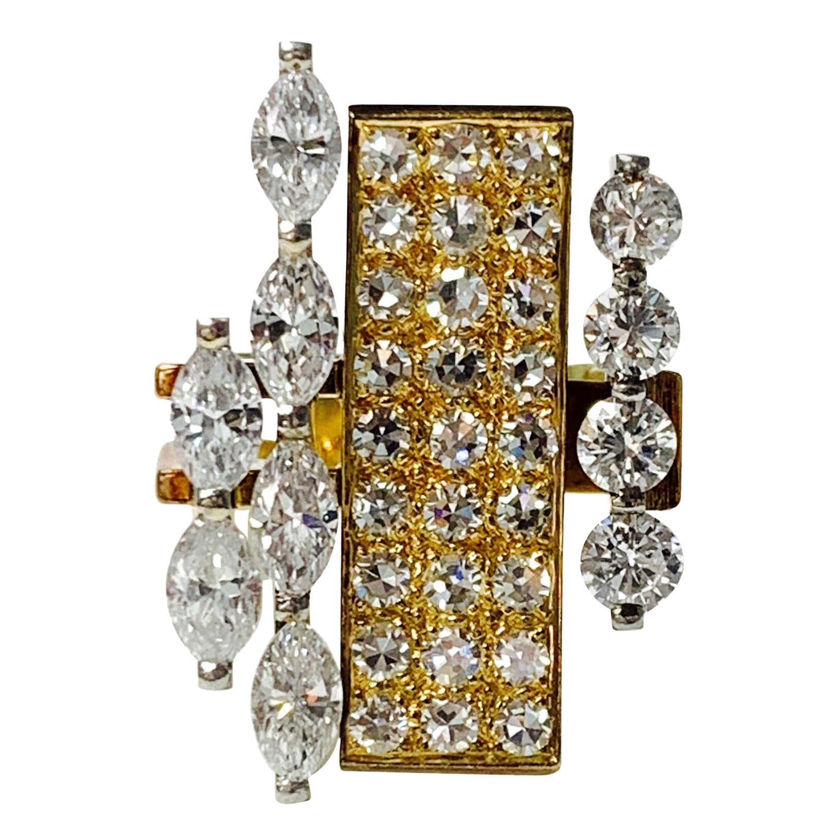 Bague en platine et or 18 carats avec diamants ronds brillants et marquises de 3,20 carats