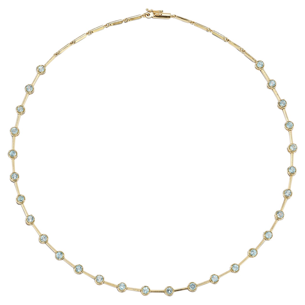 Vintage 14k Gold and Blue Topaz Bezel Set Station Necklace Chain en vente