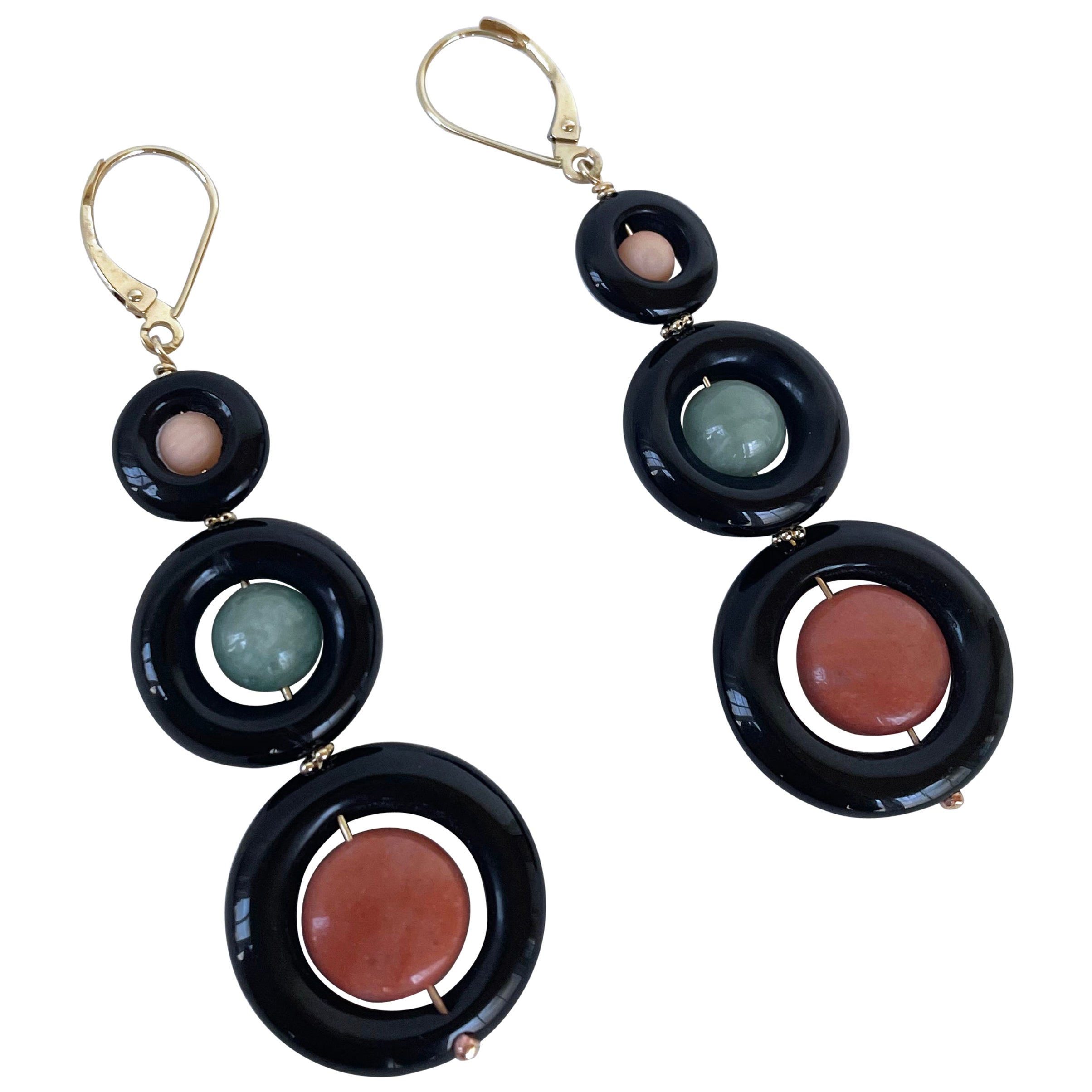 Marina J. Jade, Coral, Black Onyx & solid 14k Yellow Gold Lever Back Earrings For Sale