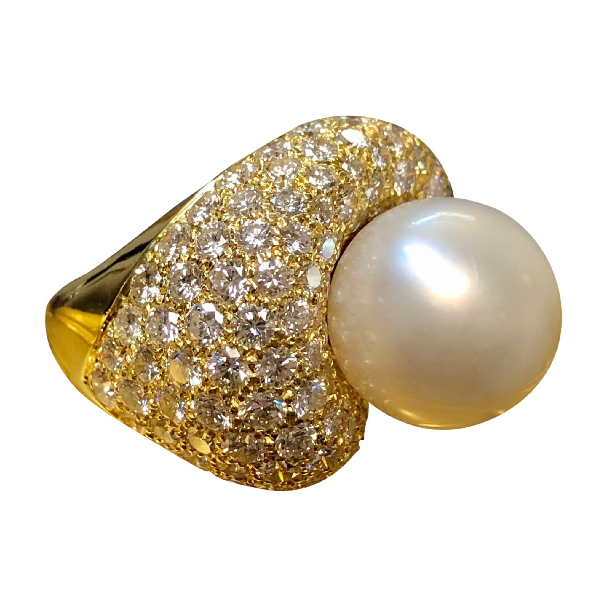 18K Pave Diamond Pearl Cocktail Ring 6cttw Sz 5.25 For Sale