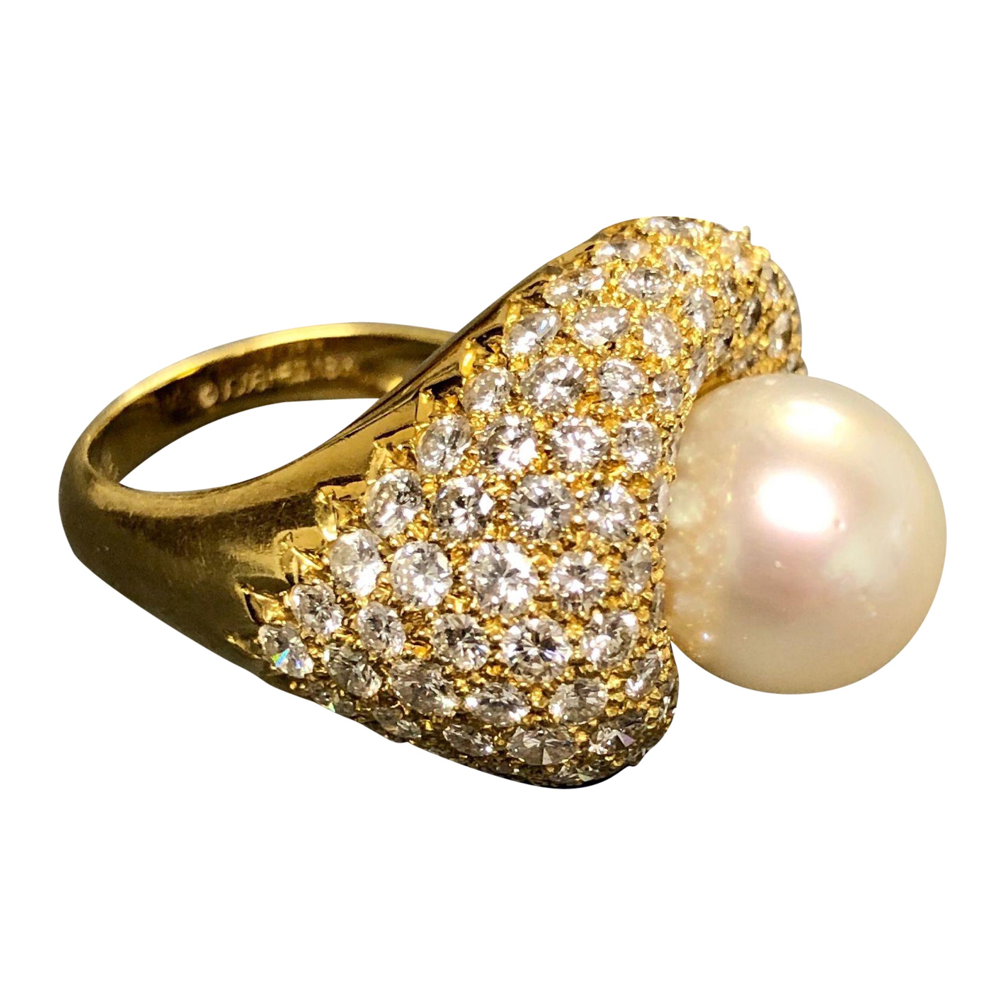 18K Jose Hess Diamond South Sea Pearl Cocktail Ring For Sale