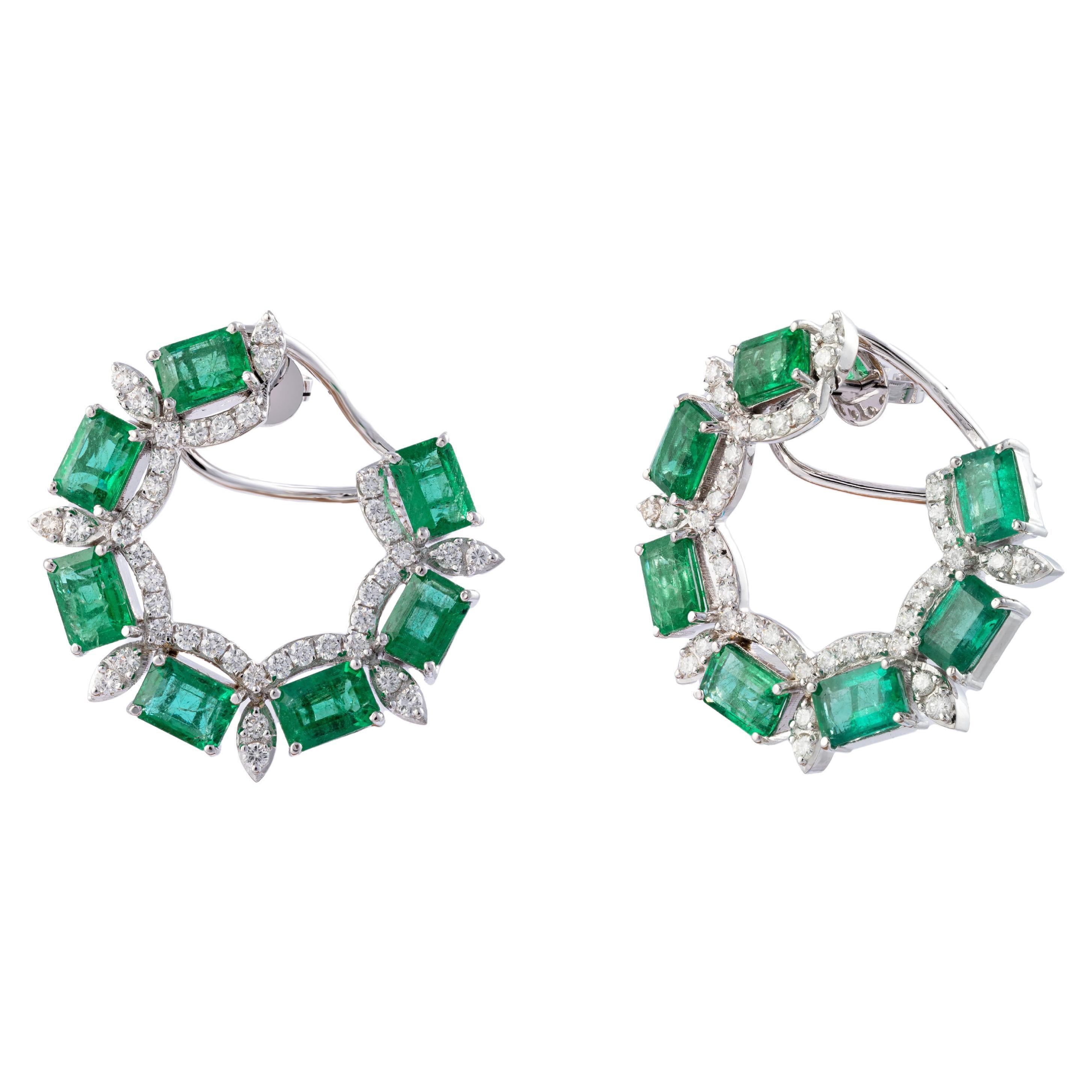 Natural Zambian Emerald 13.04 Cts & 2.25 Cts Diamond Earring in 14k Gold