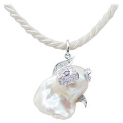 Baroque Pearl, Diamonds, 14 Karat White Gold  Fish Pendant Necklace.