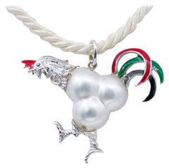 Retro Baroque Pearls, Diamonds, Enamel, 14 Kt White Gold  Rooster Shape Pendant Necklace