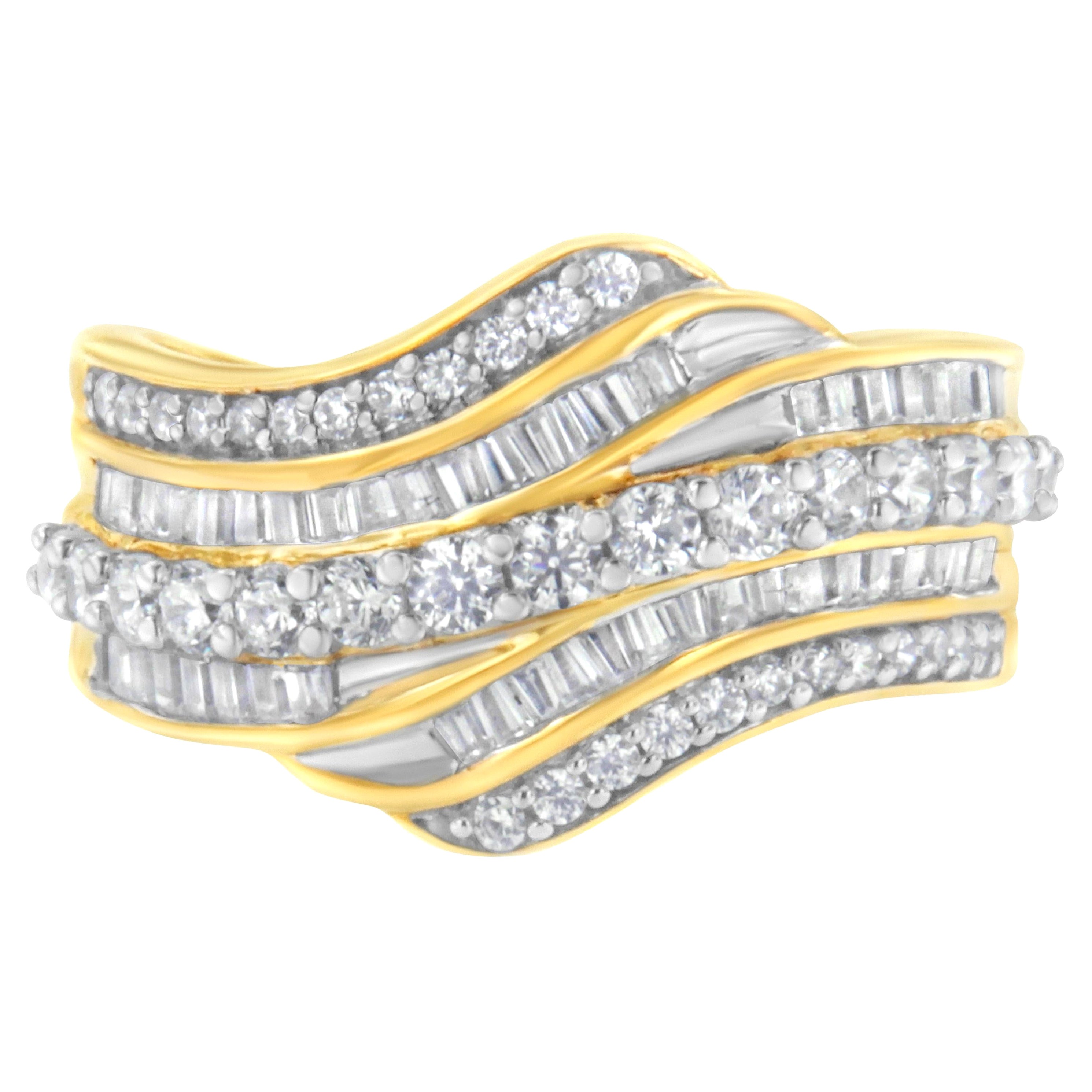 10k Yellow Gold 1.0 Carat Baguette and Round Diamond Multi-Row Wave Bypass Ring For Sale
