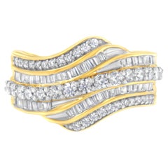 10k Yellow Gold 1.0 Carat Baguette and Round Diamond Multi-Row Wave Bypass Ring