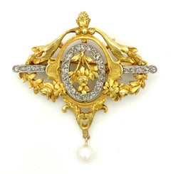 Antique French Art Nouveau Brooch Pendant 18 Karat Gold Platinum Diamonds Pearl