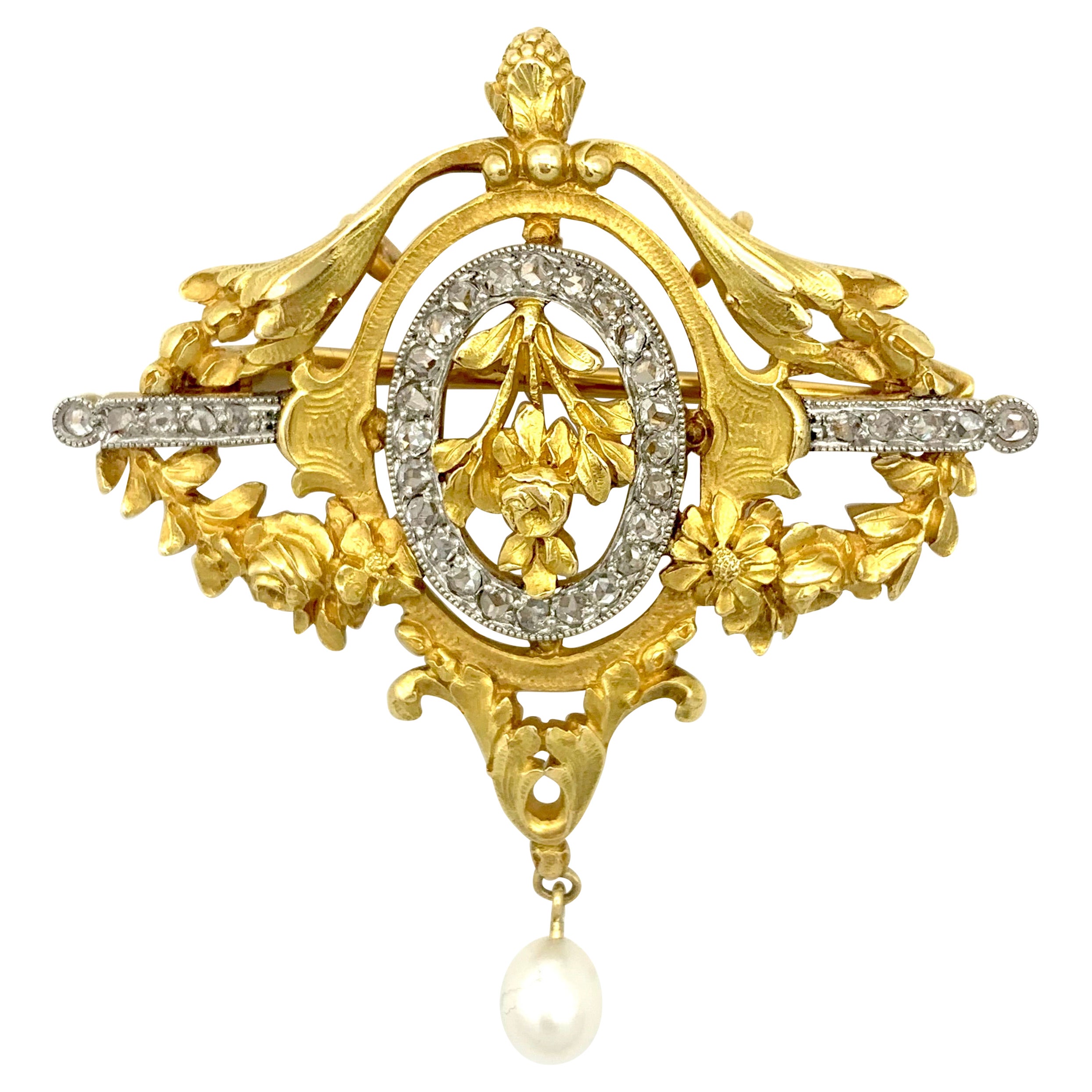 Antique French Art Nouveau Brooch Pendant 18 Karat Gold Platinum Diamonds Pearl For Sale