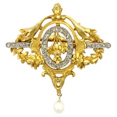 Antike französische Jugendstil-Brosche mit Anhänger aus 18 Karat Gold und Platin mit Diamanten und Perlen