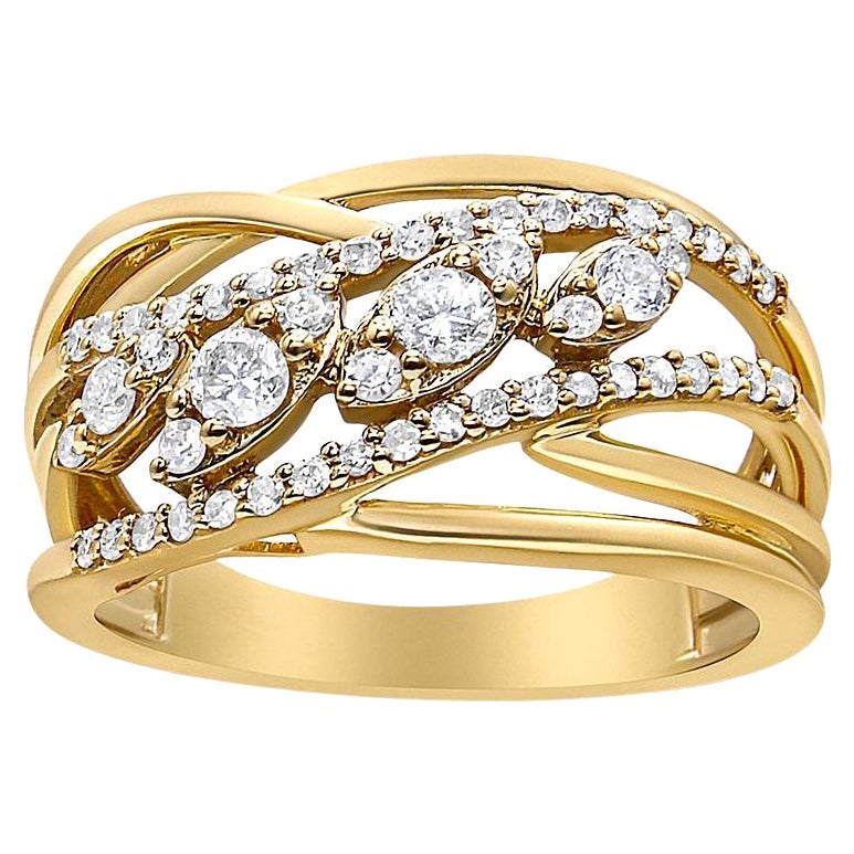 10K Yellow Gold 1/2 Carat Round-Cut Multi Row Diamond Split Shank Cocktail Ring For Sale