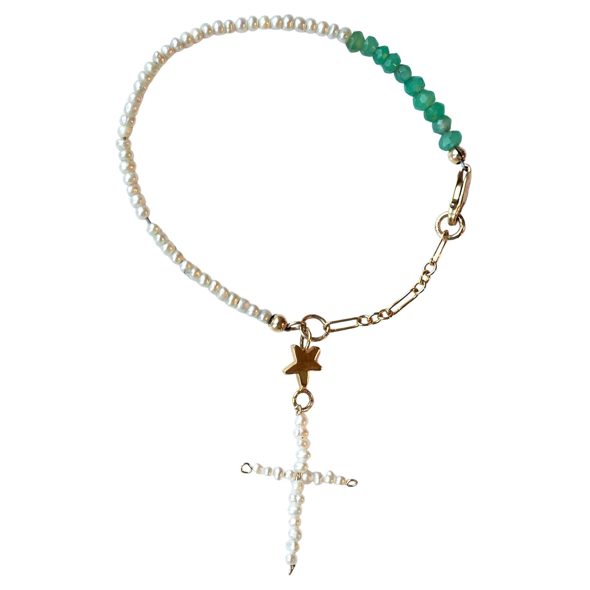 Cross Bracelet White Pearl Beaded Chrysoprase Religious Spiritual J Dauphin