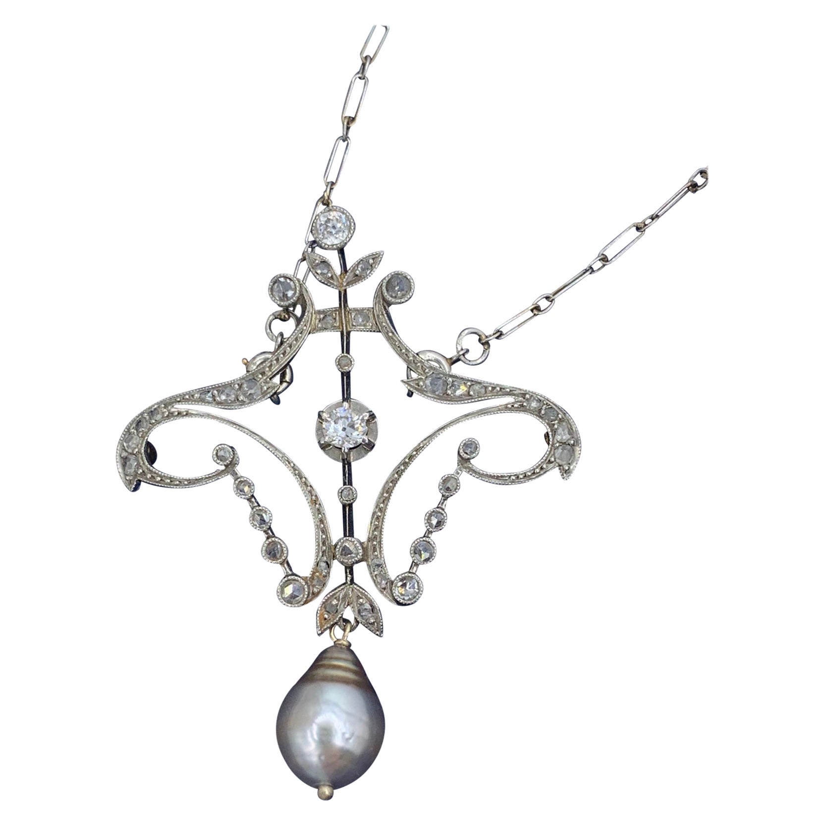 Antique Old European and Rose Cut Diamond Pearl Platinum Pendant Necklace