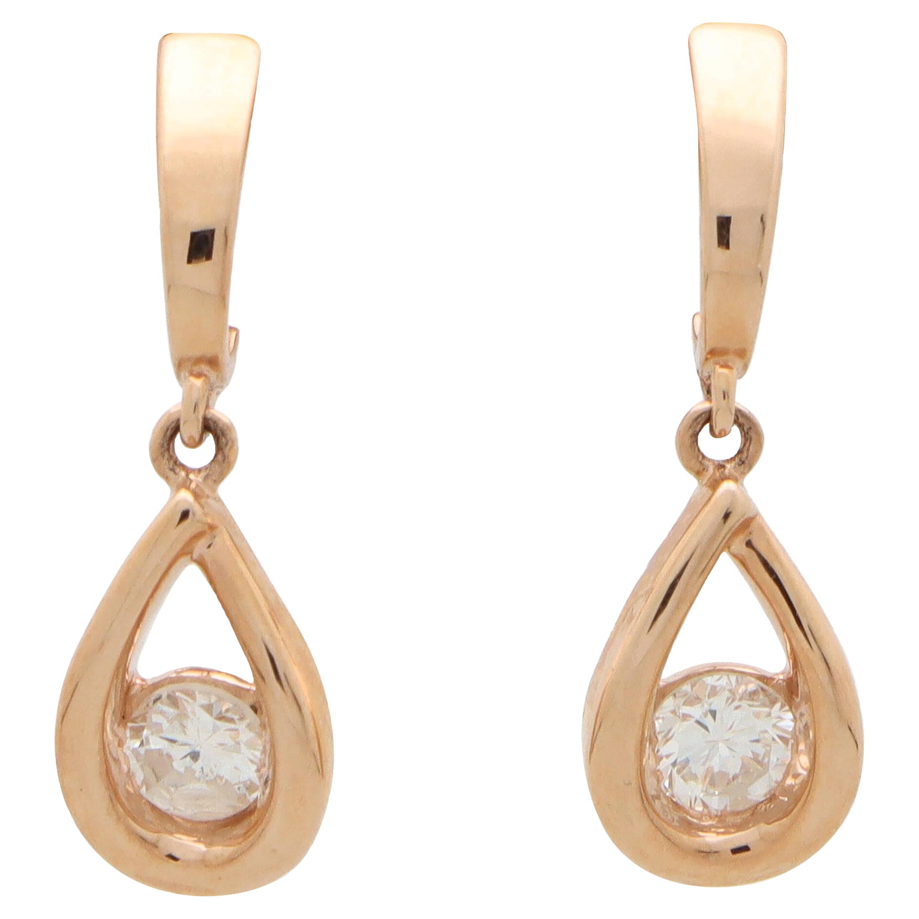 Contemporary Diamond Tear Drop Earrings Set in 14k Rose Gold