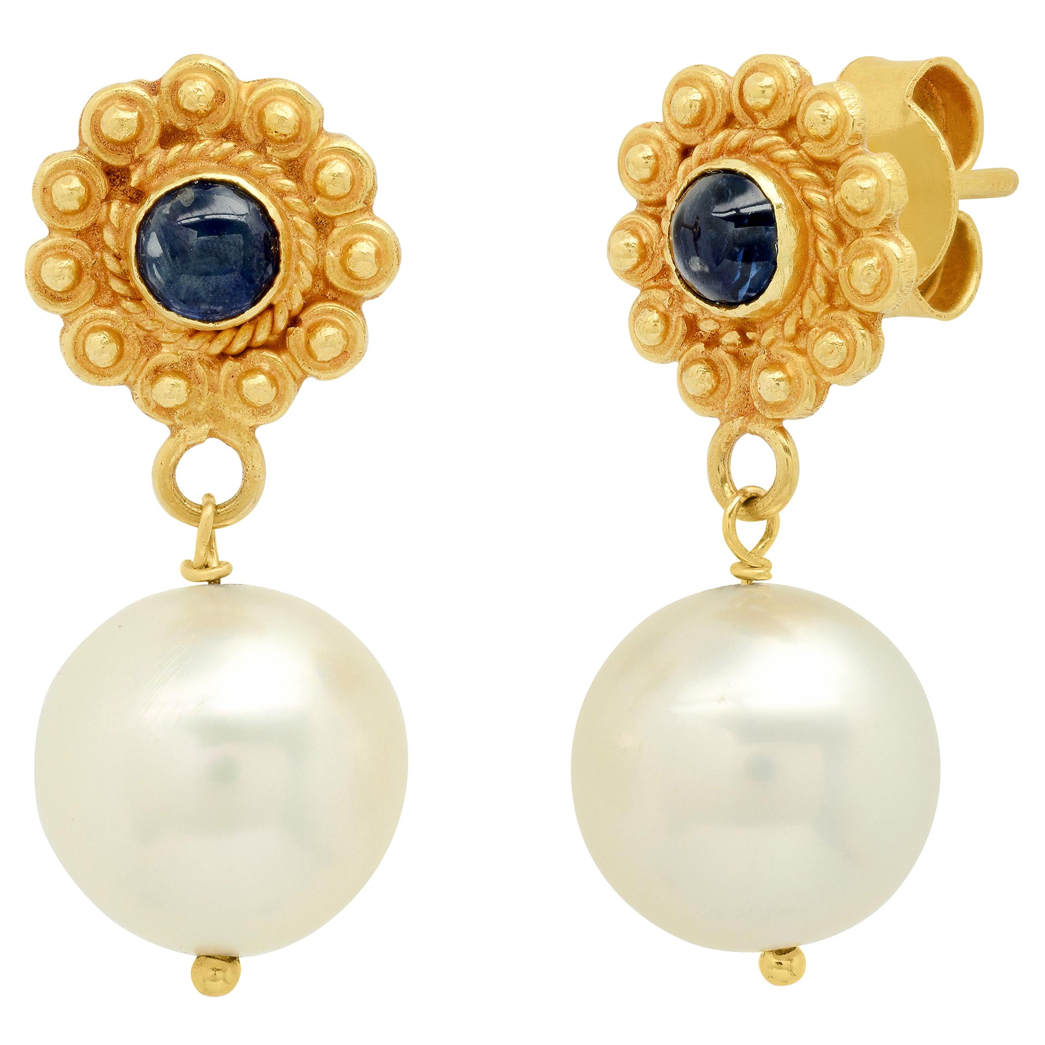 South Sea Pearl and Sapphire Cabochon 18k Yellow Gold  Drop Earrings For Sale