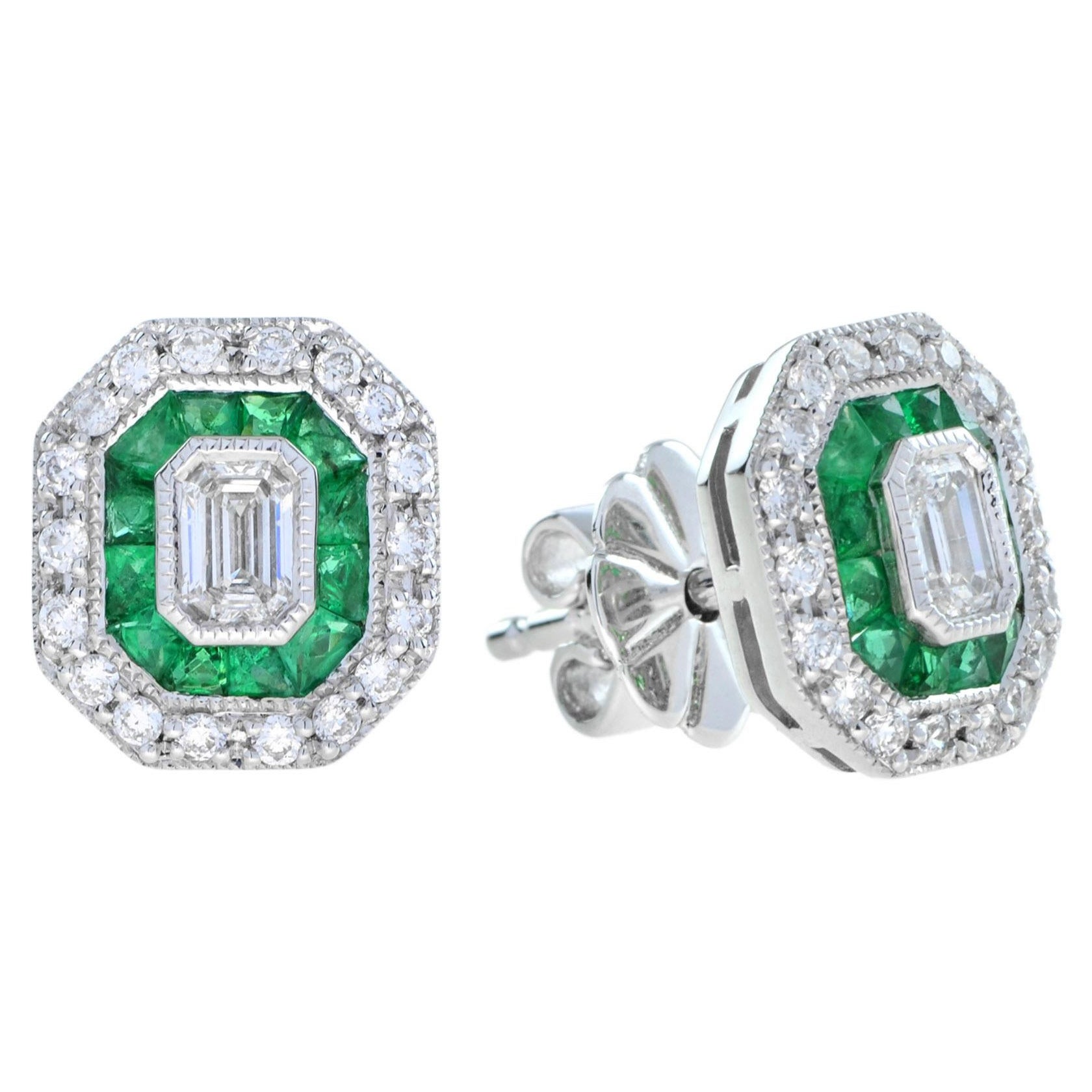 Art Deco Style Emerald Cut Diamond with Emerald Stud Earrings in 18K White Gold For Sale