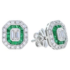 Art Deco Style Emerald Cut Diamond with Emerald Stud Earrings in 18K White Gold