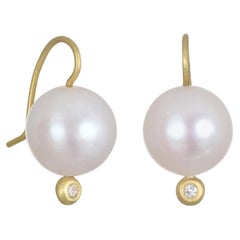 Faye Kim 18 Karat Gold White Freshwater Pearl Drop Earrings with Diamond Accent