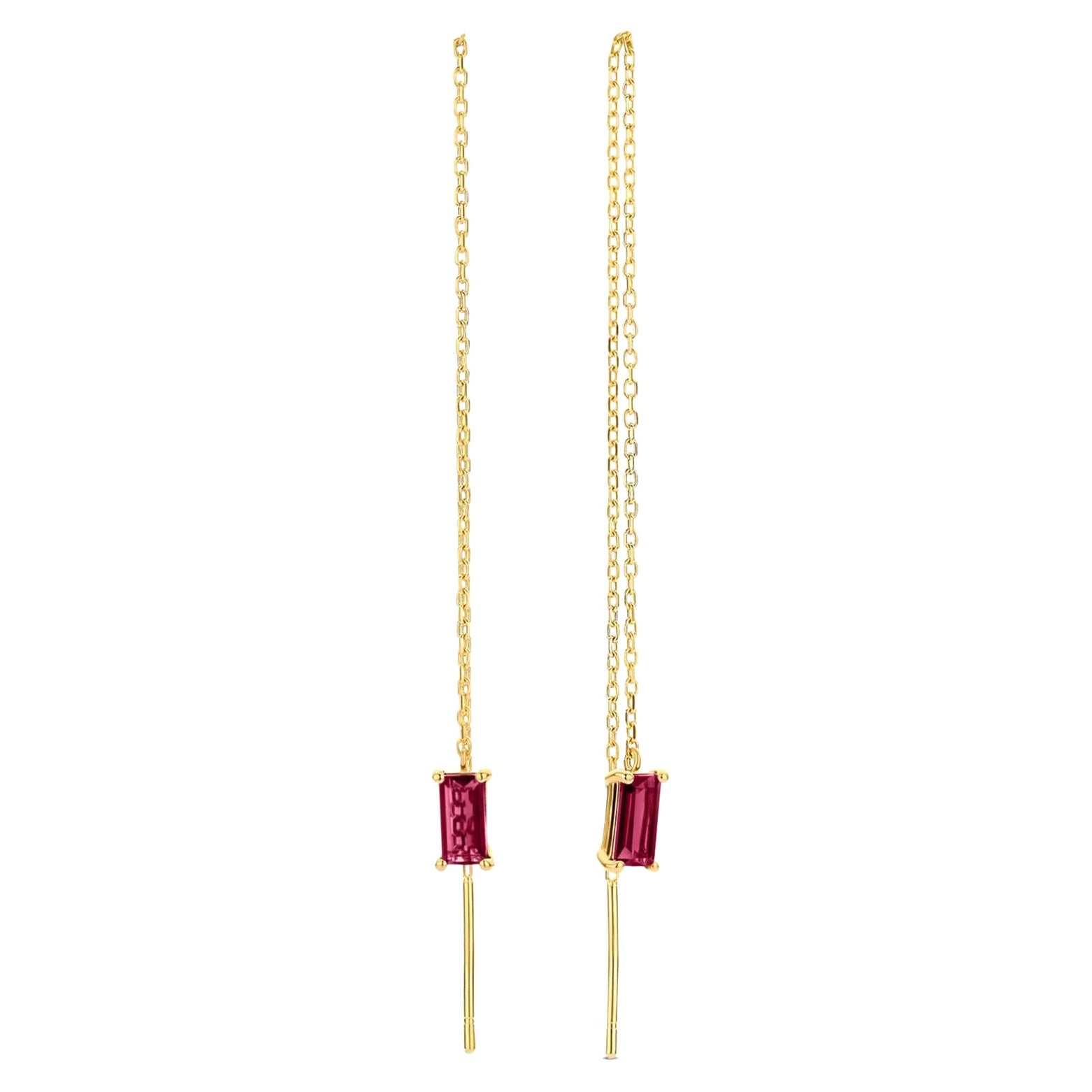 14k Solid Gold Drop Earrings with Garnet, Chain Gold Earrings