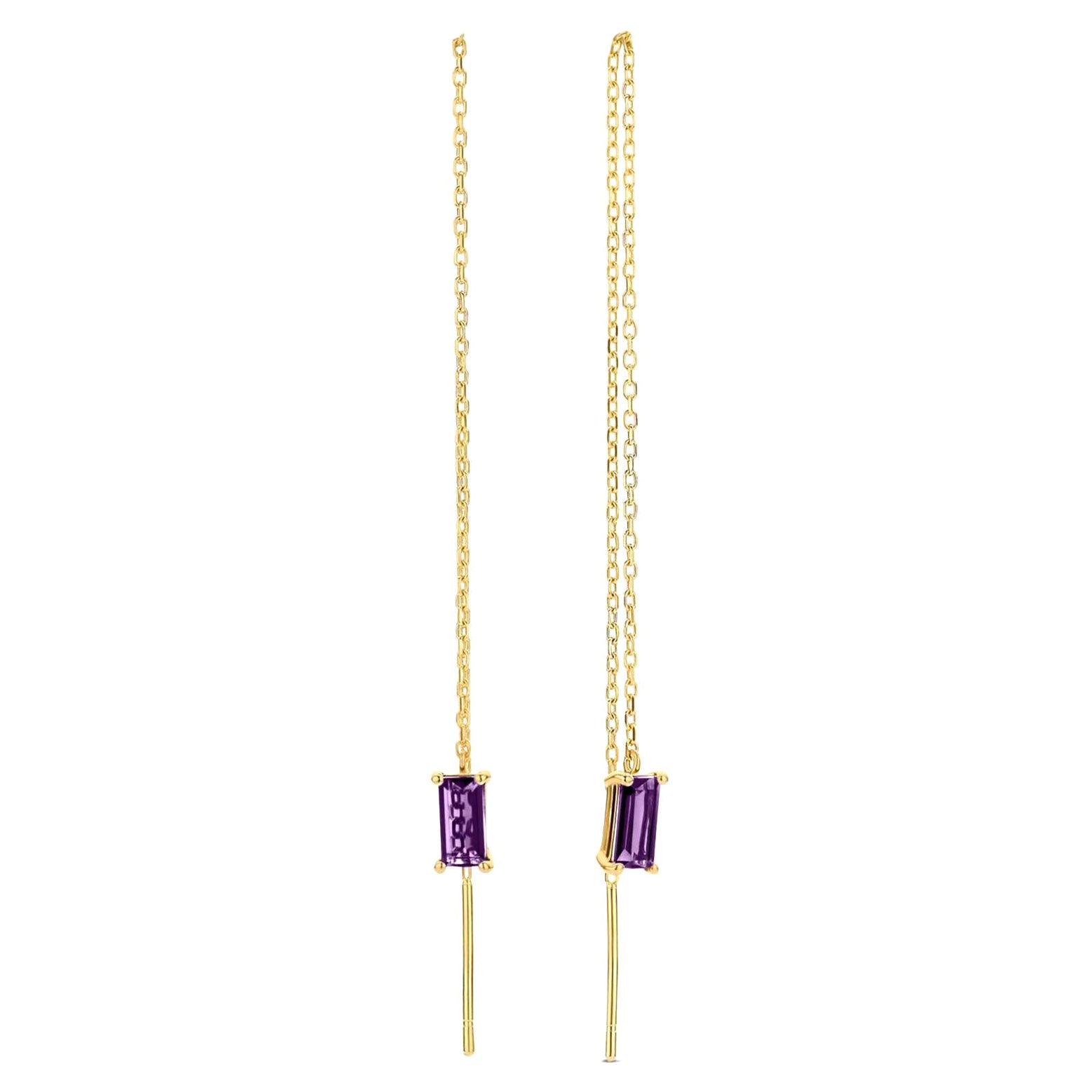 14k Solid Gold Drop Earrings with Amethysts, Chain Gold Earrings For Sale