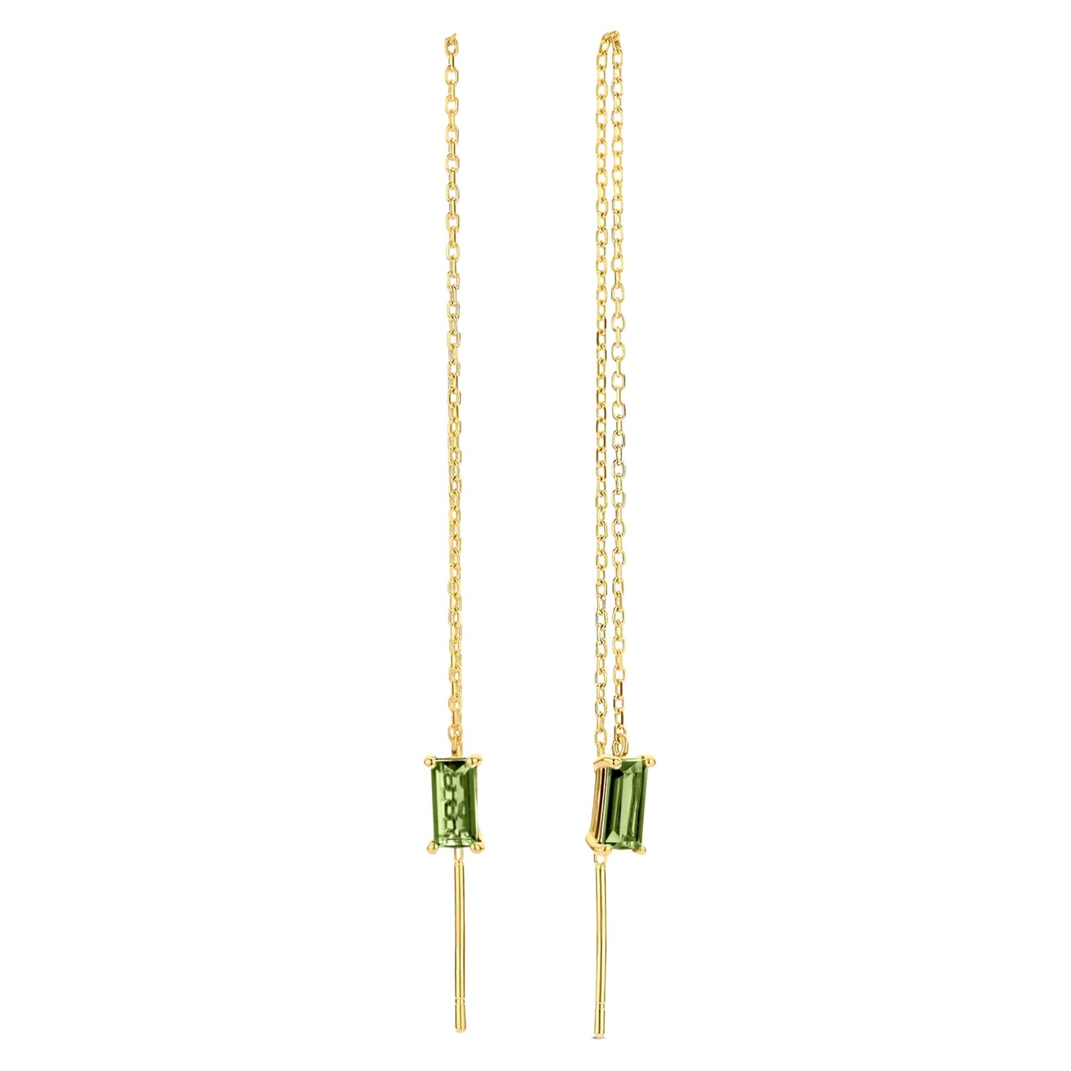 14k Solid Gold Drop Earrings with peridot.  Chain Gold Earrings For Sale