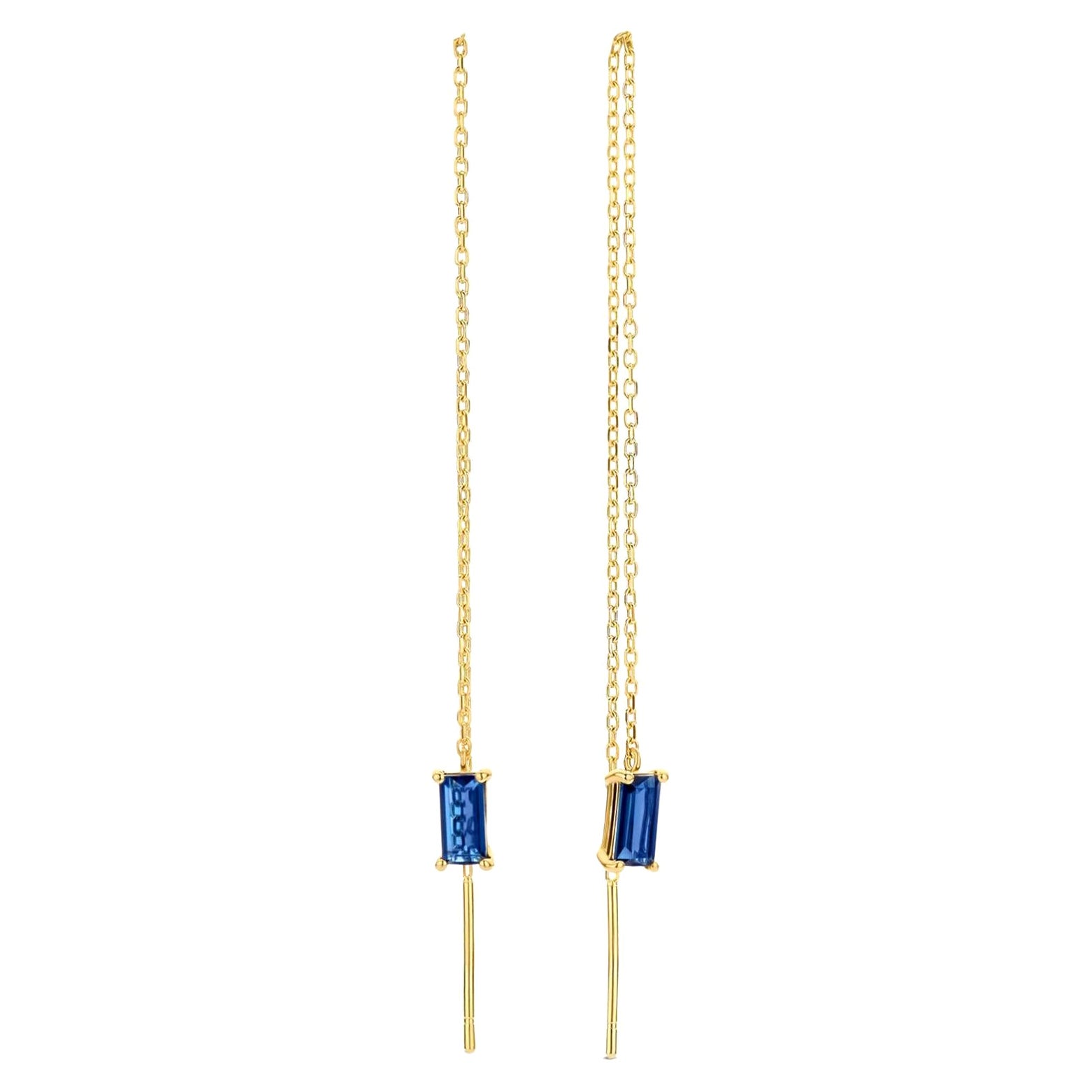 14k Solid Gold Drop Earrings with blue sapphire.  Chain Gold Earrings For Sale